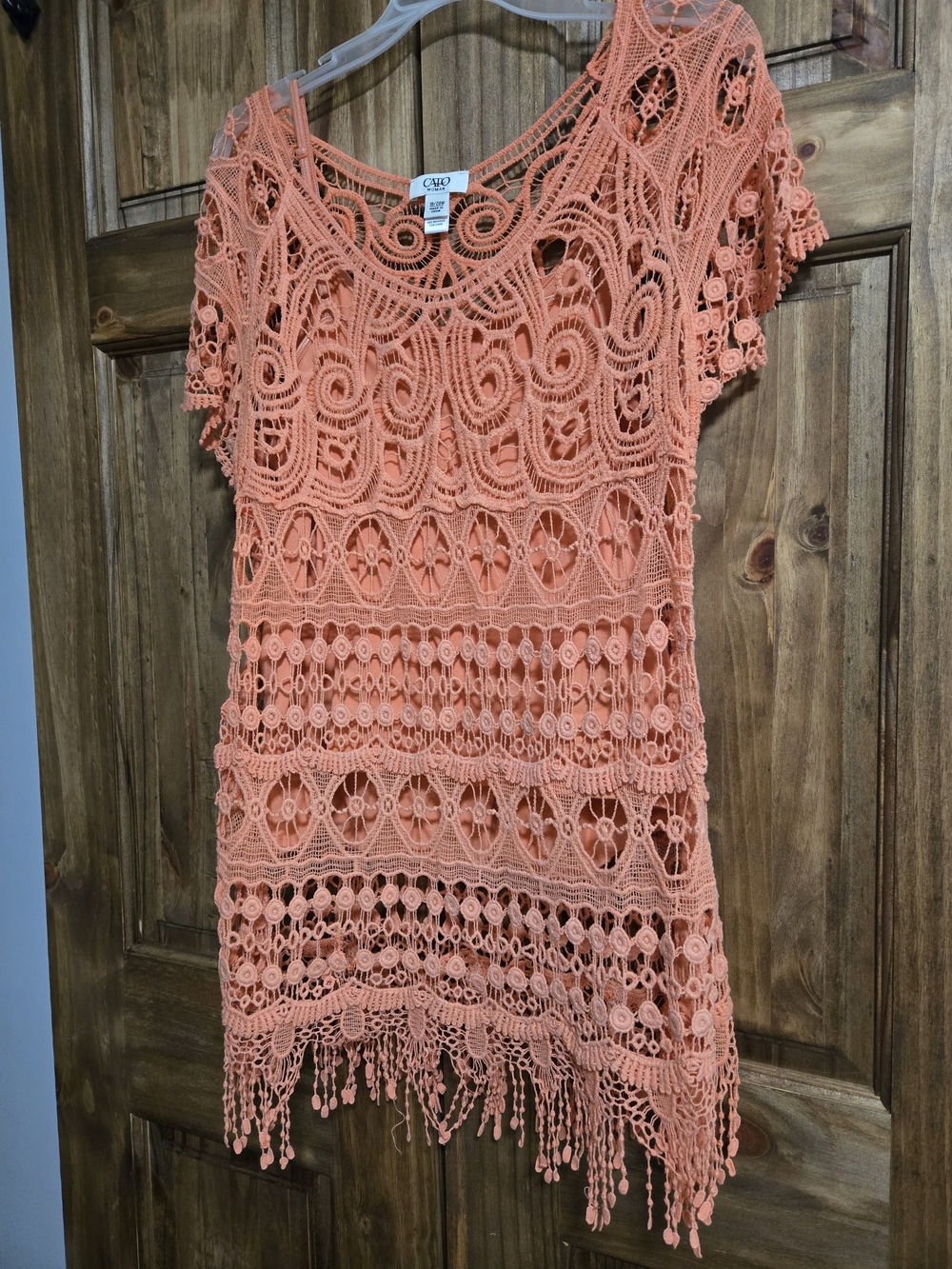 Cato Coral Crochet Fringe Swim Coverup